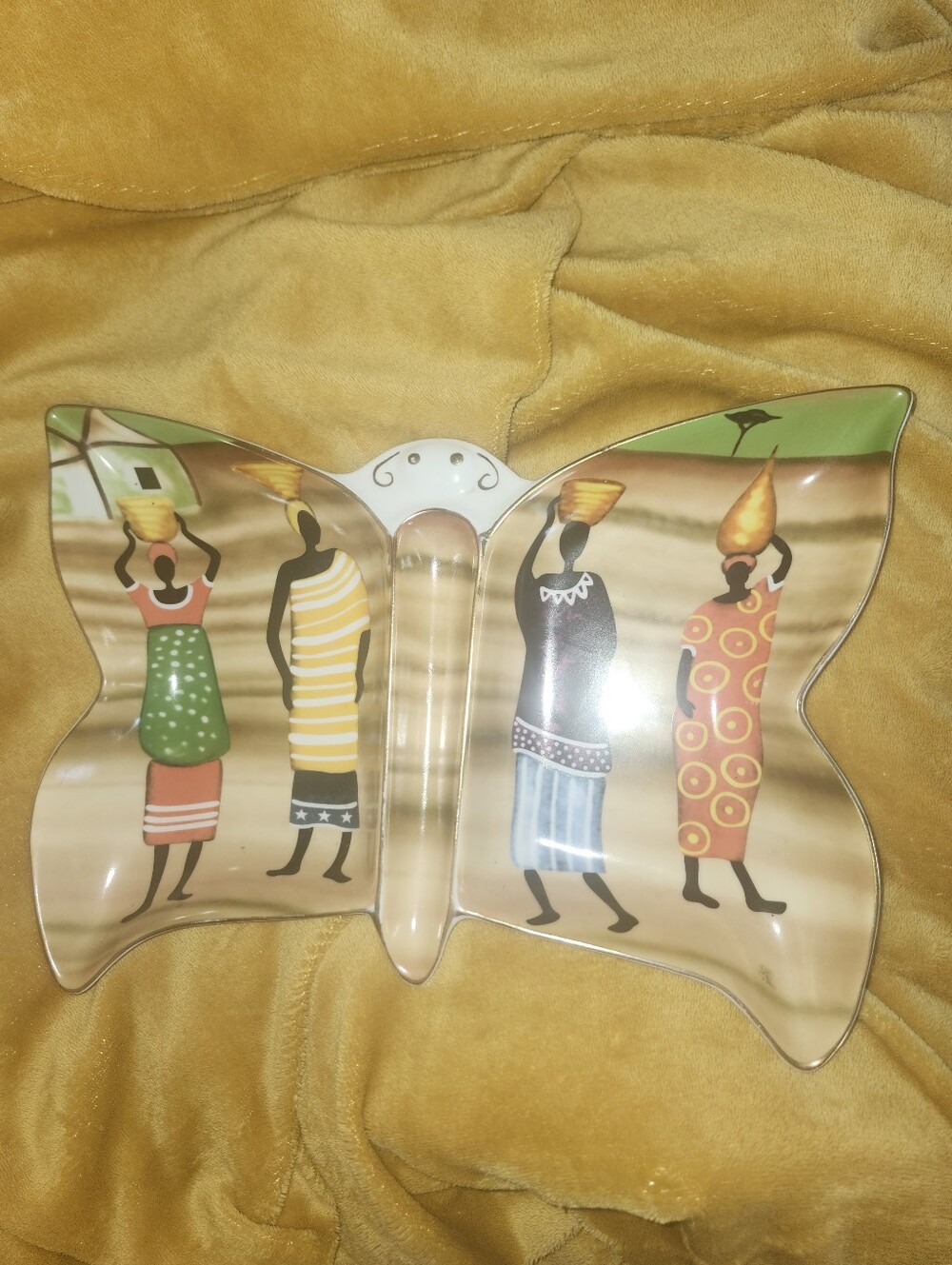 Hand-Painted Butterfly Serving Tray in Yellow and Multicolor